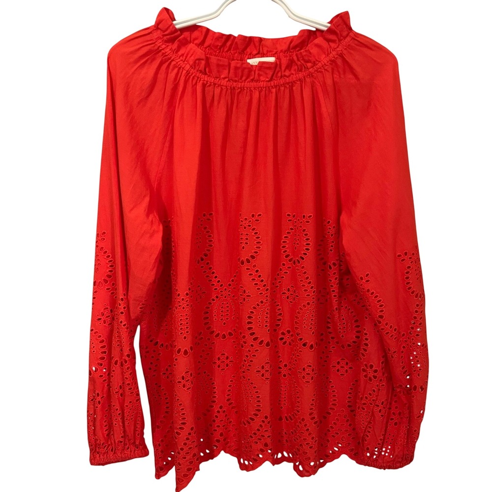 Ann Mashburn Size L Cotton Eyelet Ruffle Neck Blouse Long Sleeve Top Orange